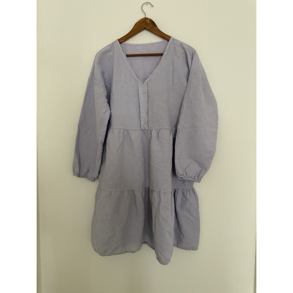 ✿ Italian Linen Lavender Tiered Midi Dress Long Sleeve V-Neck Boho L